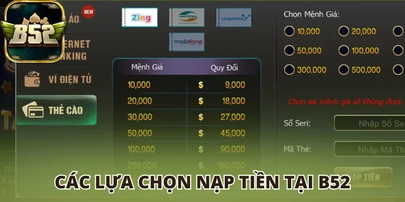 Các phương thức nạp tiền tại B52